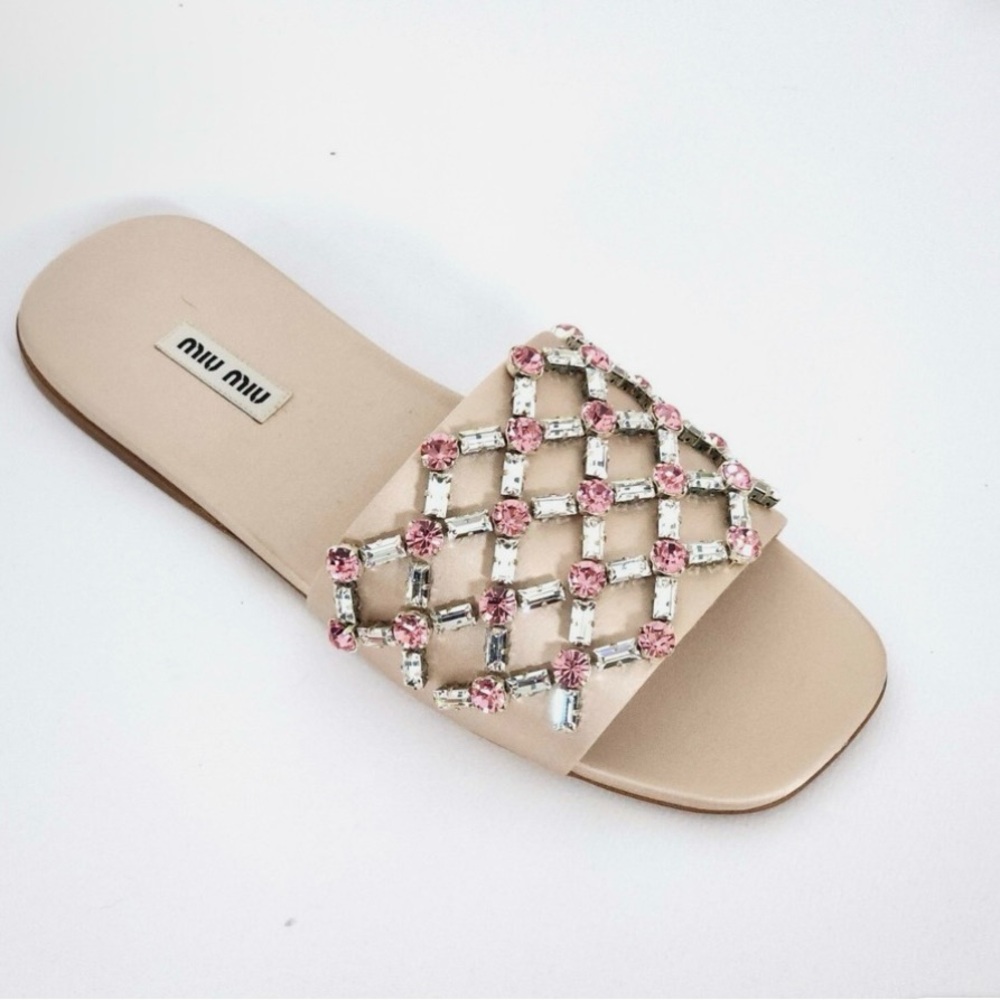 Miu Miu Cream and Pink Woven Sandals